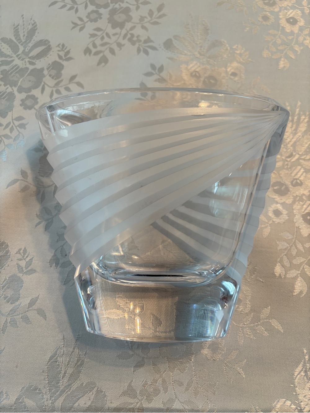 Mikasa Lead Crystal Vase with Frosted White Spiral Bands 5.5" Tall 6.5" Wide